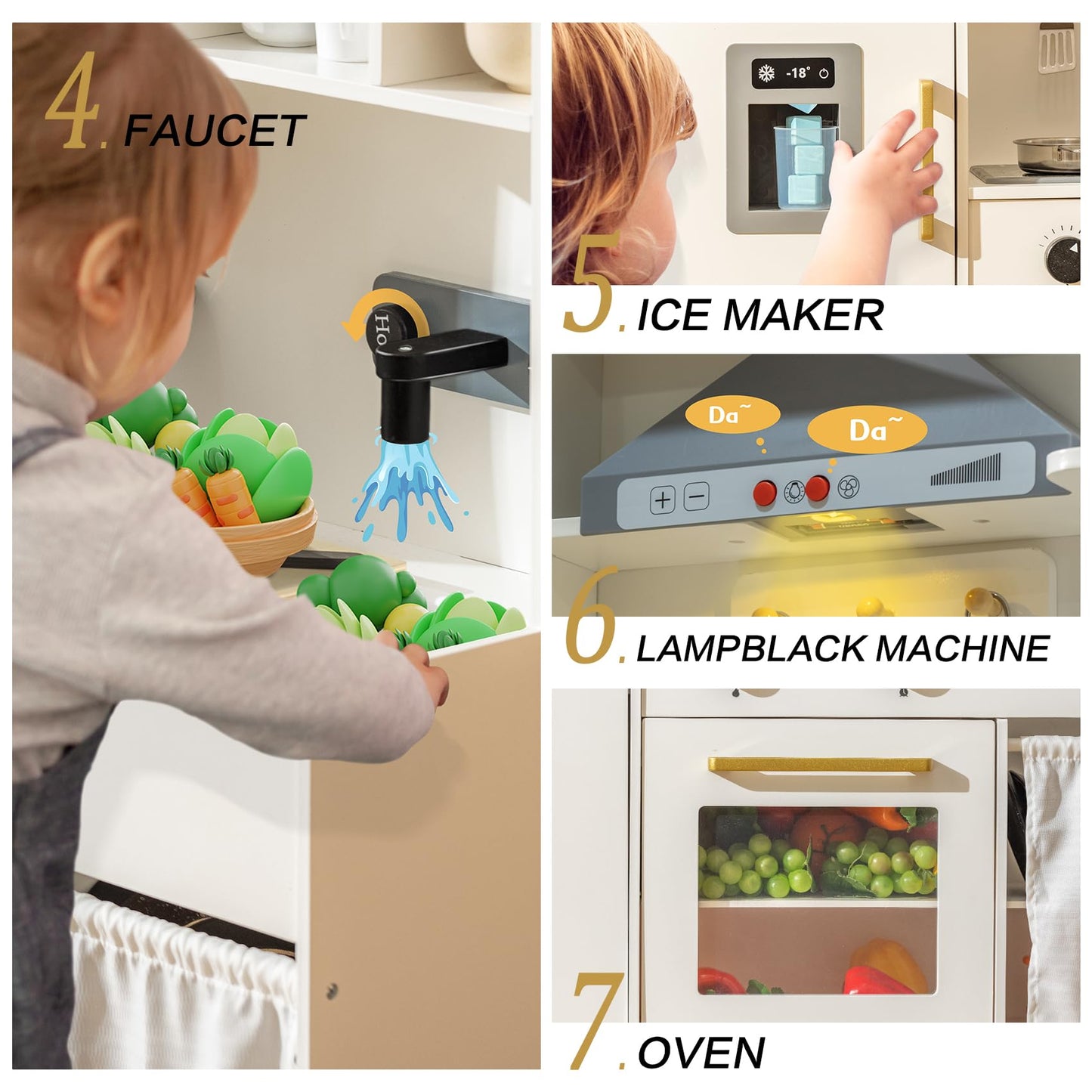 Deli Kids Kitchen Playset, Realistic Wooden Kitchen Playset for Toddlers & Kids with Lights, Sounds & Storage, Ideal Gift for Boys & Girls