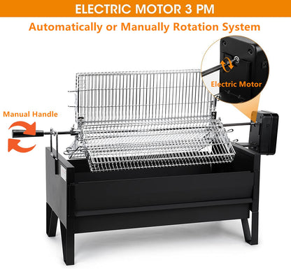Onlyfire 2 IN 1 Charcoal Grill Rotisserie Kit with 3 Stainless Steel Rotating Baskets and 24 In Grill Grate, Auto Swivel BBQ Roasting Machine for Outdoor Patio Backyard Barbecue, GS304