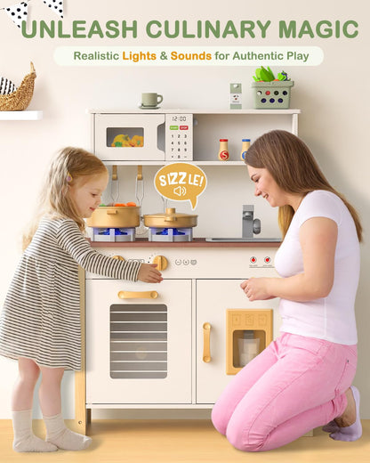 Babytronic Kids Play Kitchen, Wooden Kitchen Playset for Kids Ages 3+ with Real Lights, Sounds, Stove, Sink, Oven, and 30 Pcs Accessories, Toys Kitchen Small Pretend Play Kitchen for Toddlers (White)