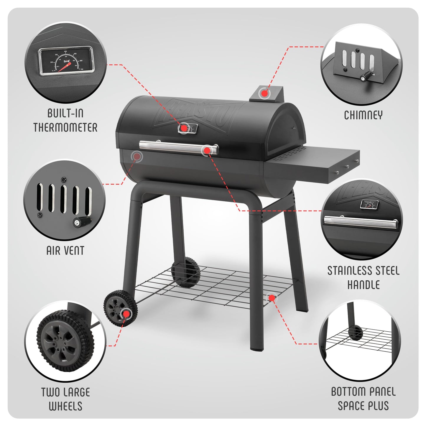 Feasto BBQ Charcoal Grill with Side Table, 30-In Heavy Duty Outdoor BBQ Grill with 664 Sq. In Cooking Area for Outdoor Barbecue in Backyard, Patio and Parties, Black