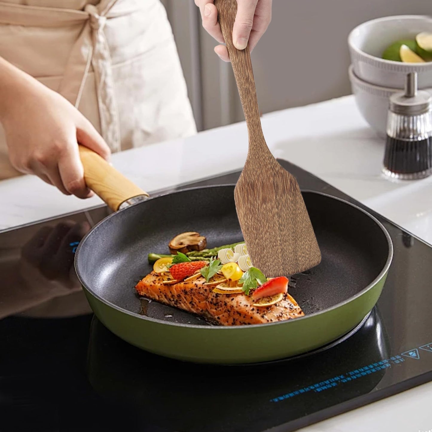 3 Pack Wooden Spatula for Cooking 12 Inches Paddle, Turner, Slotted Spatula, Cooking Utensils for Nonstick Cookware, Kitchen for Fish, Eggs, Pancakes