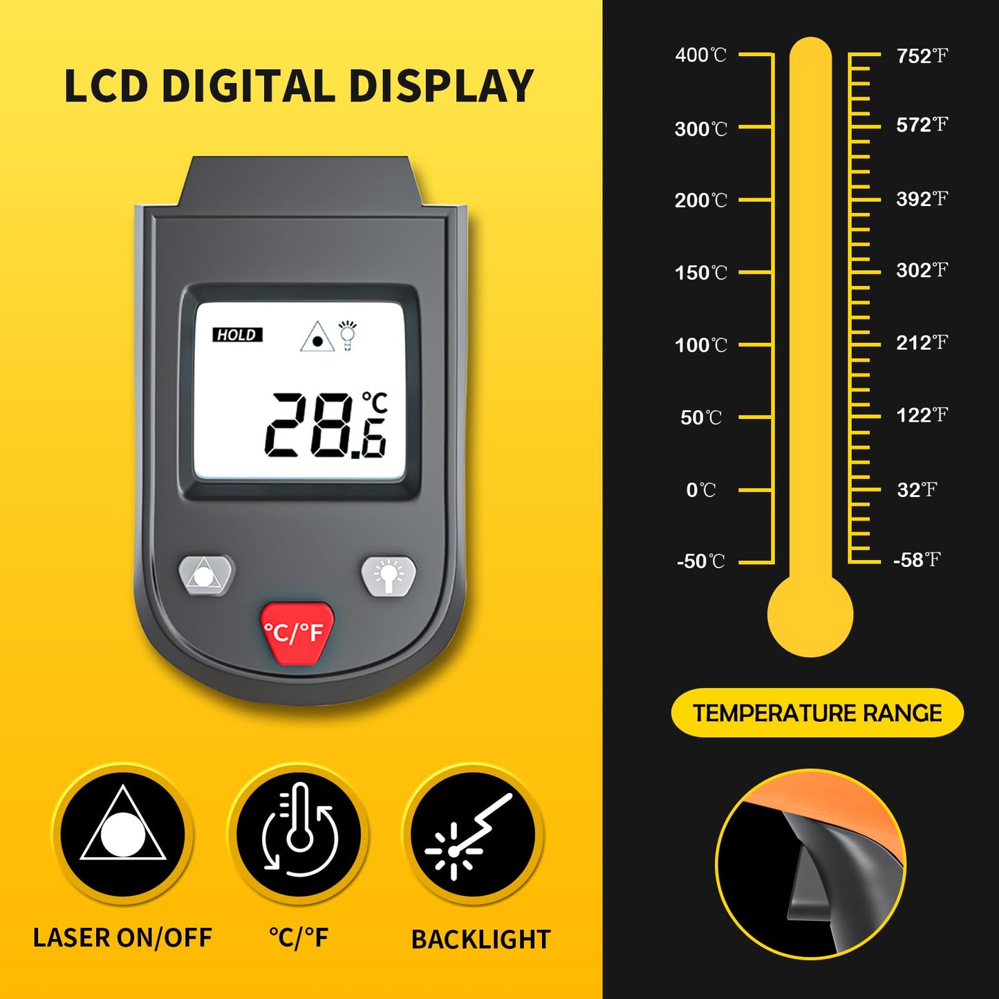 Digital Infrared Thermometer Gun Non-Contact Grip Infrared Laser Thermometer Temperature Gun -58℉~ 752℉ for Instant Read Meat Digital Kitchen Thermometer for Cooking Oil Deep Fry BBQ