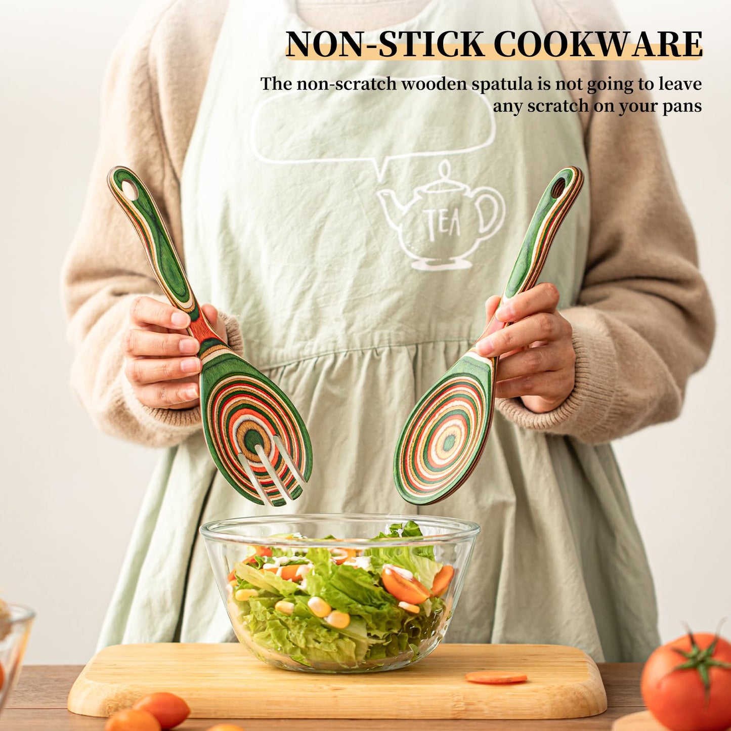 Gudamaye Pakkawood Wooden Salad Server Set,10.5 inch Salad Tongs for Serving including Salad Mixing Dinner Fork and Spoon,Long Handle Salad Server Set