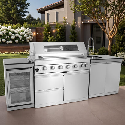 Alimtois BBQ Island Outdoor Kitchen: 96-Inch 6-Burner 85000 BTU Modular Outdoor Grill Islands with Grill + Wine Cooler Refrigerator + Rotisserie + / Steel Sink/Storage Cabinets & Drawers