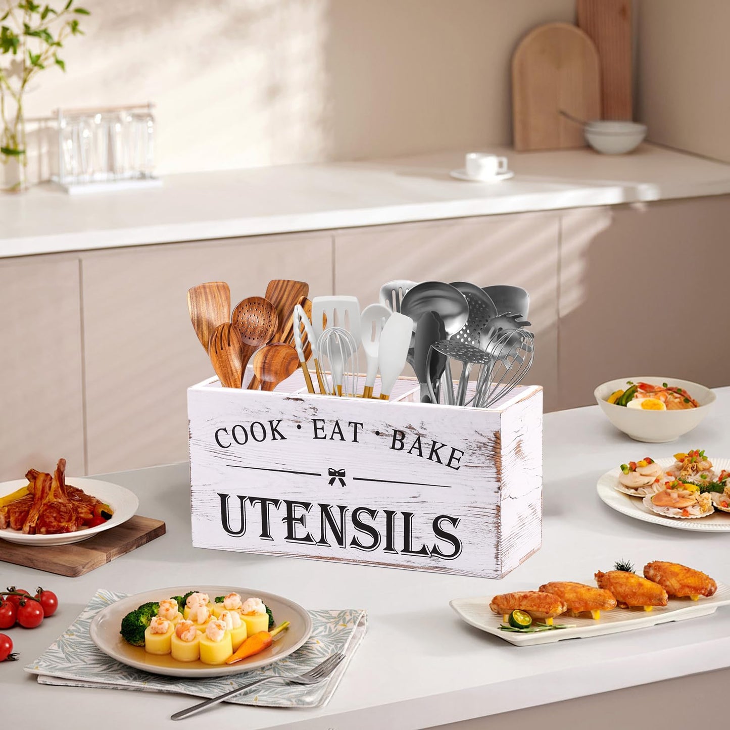 Kuatrck Rodelna Wooden Utensil Holder, Large Utensil Organizer for Kitchen Counter, Wood Utensil Crock for Countertop with 3 Compartments, Rustic Container Farmhouse Kitchen Decor - White