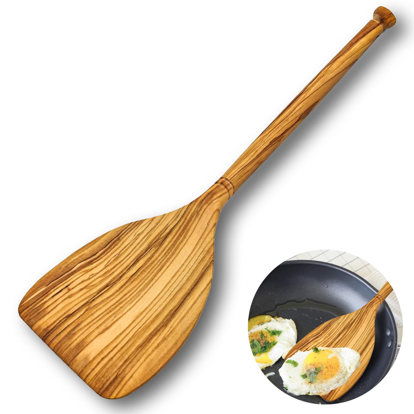 13.7 Inch Olive Wood Spatula for Cooking, Wooden Cooking Spatula/Turner, Long Handle Flat Frying Spatula, Olive Wooden Cooking Utensils for Nonstick Cookware Stirring, Frying & Flipping