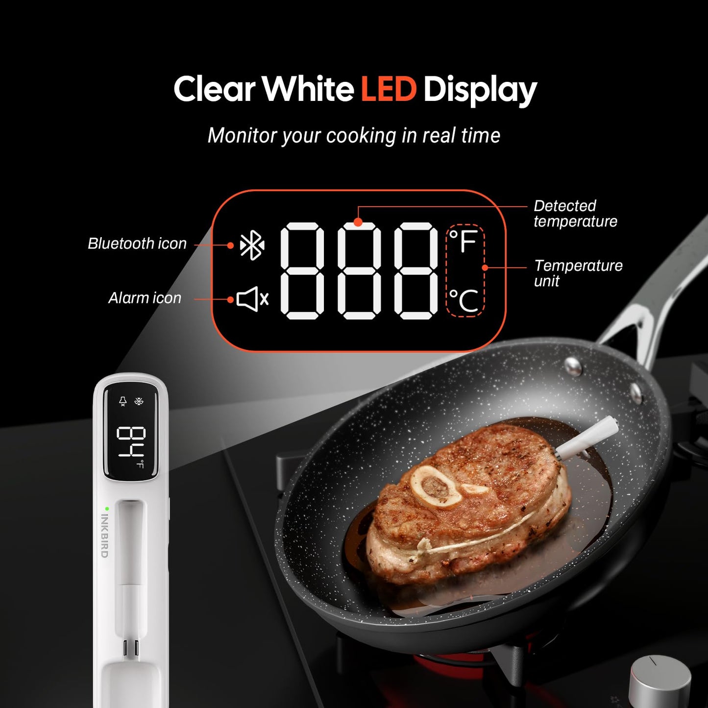 INKBIRD Mini Wireless Meat Thermometer, Bluetooth 5.4,1000ft/305m Ultra Long Connection, 60 Min Offline Data Storage, IP67 Waterproof, White LED Display, Ideal for BBQ, Grill, and Smoker