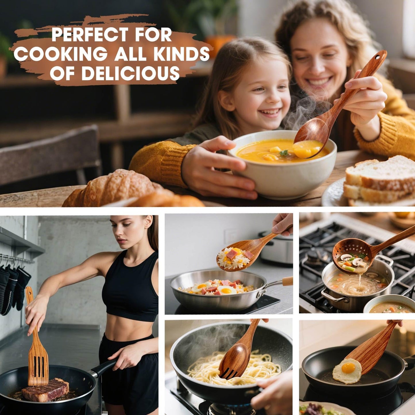 Wooden Spoons for Cooking, MASSUGAR 9-Piece Natural Teak Wooden Kitchen Utensil Set Comfort Grip Cooking Spoons and Utensils Holder