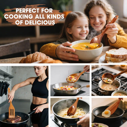 Wooden Spoons for Cooking, MASSUGAR 9-Piece Natural Teak Wooden Kitchen Utensil Set Comfort Grip Cooking Spoons and Utensils Holder