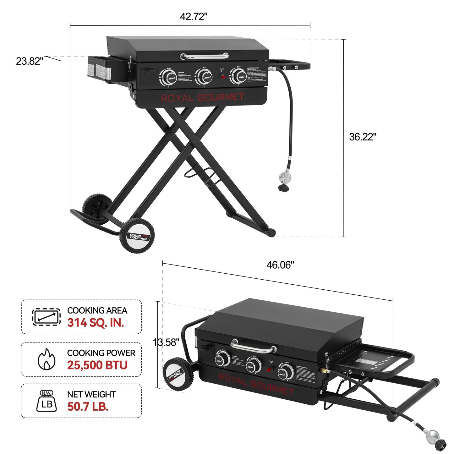 Royal Gourmet PD3001 3-Burner Propane Gas Griddle with Collapsible Stand, 23-Inch Portable Griddle with Side Table & 314 Sq. In. Cooking Area for Camping, Tailgating, Backyard & Patio, Black