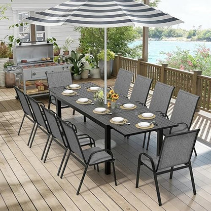 PIZZELLO 11 Pieces Outdoor Dining Set, 106" Aluminum Extendable Patio Dining Table w/ 10Pcs Stackable Textilene Chairs, All Weather Outdoor Table and Chairs Sets for Backyard, Garden and Deck