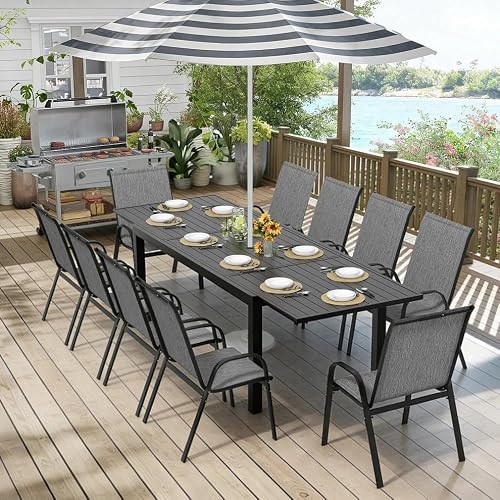 PIZZELLO 11 Pieces Outdoor Dining Set, 106" Aluminum Extendable Patio Dining Table w/ 10Pcs Stackable Textilene Chairs, All Weather Outdoor Table and Chairs Sets for Backyard, Garden and Deck