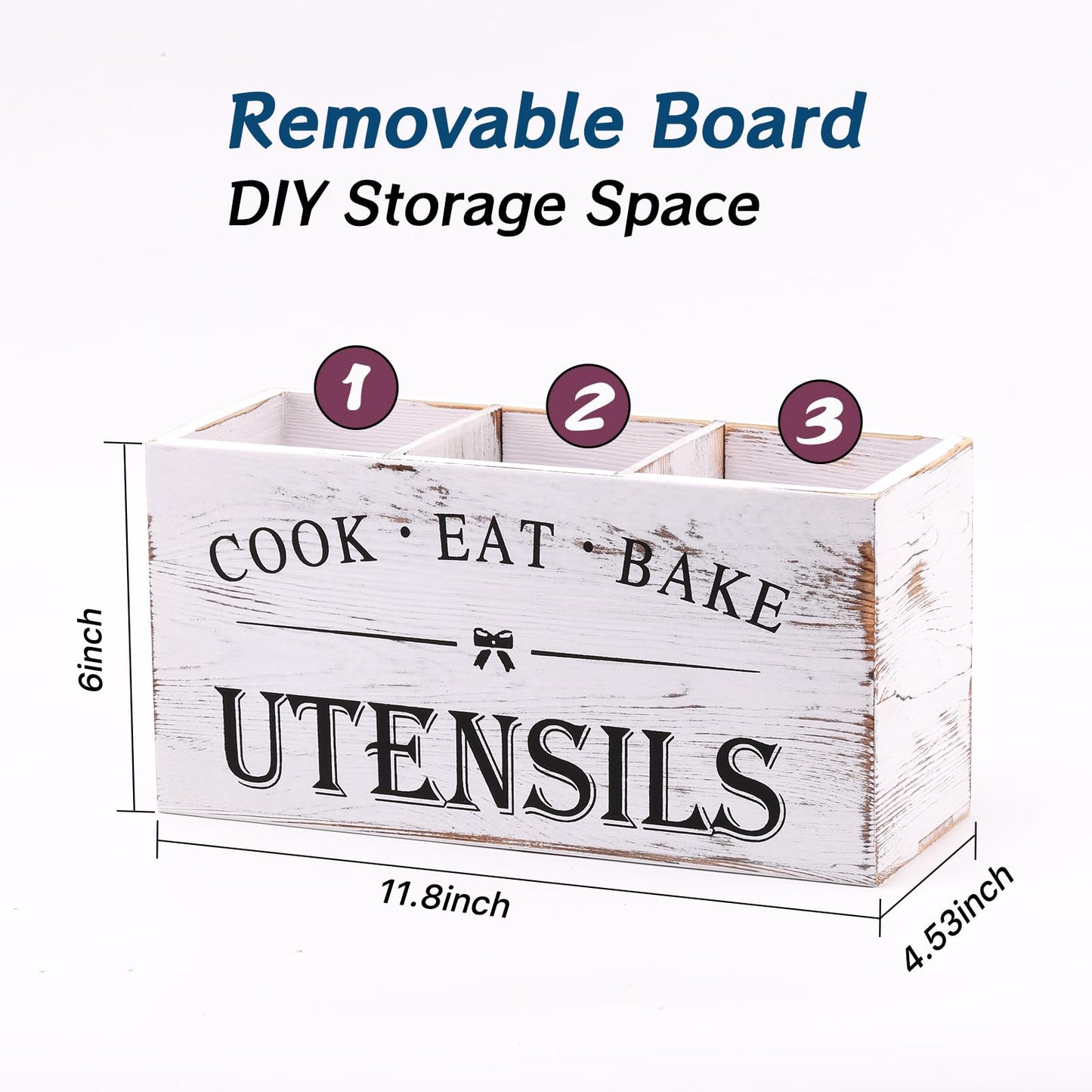 Kuatrck Rodelna Wooden Utensil Holder, Large Utensil Organizer for Kitchen Counter, Wood Utensil Crock for Countertop with 3 Compartments, Rustic Container Farmhouse Kitchen Decor - White