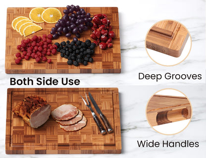 Fibogollo Bamboo Cutting Boards for Kitchen(Set of 3),Chopping Boards with Juice Groove,End Grain Serving Board with Holder,Bamboo Butcher Block for Meat,Vegetables,Fruit