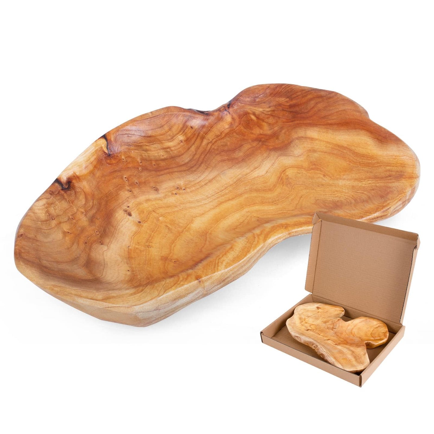 BTEOBFY Natural Wood Fruit Bowl 11-13 inch, Unique Handmade Wood Serving Platter, Wood Fruit Snack Dish for Sandwich Bread Serving, Appetizer Display, Vintage Ring Dish, Hand Carved Artworks