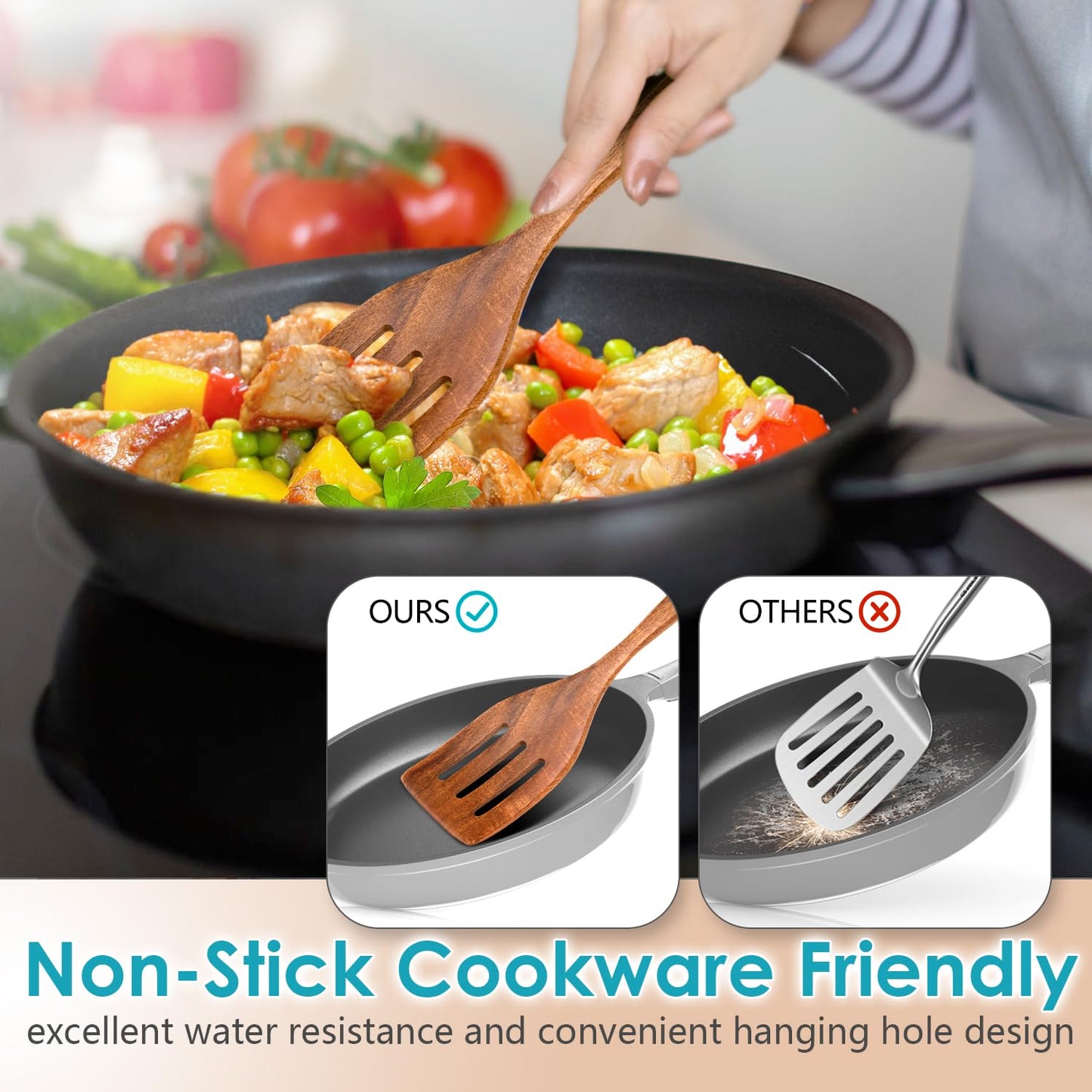 Wooden Spoons for Cooking, Acacia Wood Cooking Utensils Set – 11 Piece Wooden Kitchen Tools with Holder, Spoon Rest, Nonstick Cookware Safe by HOWHONG