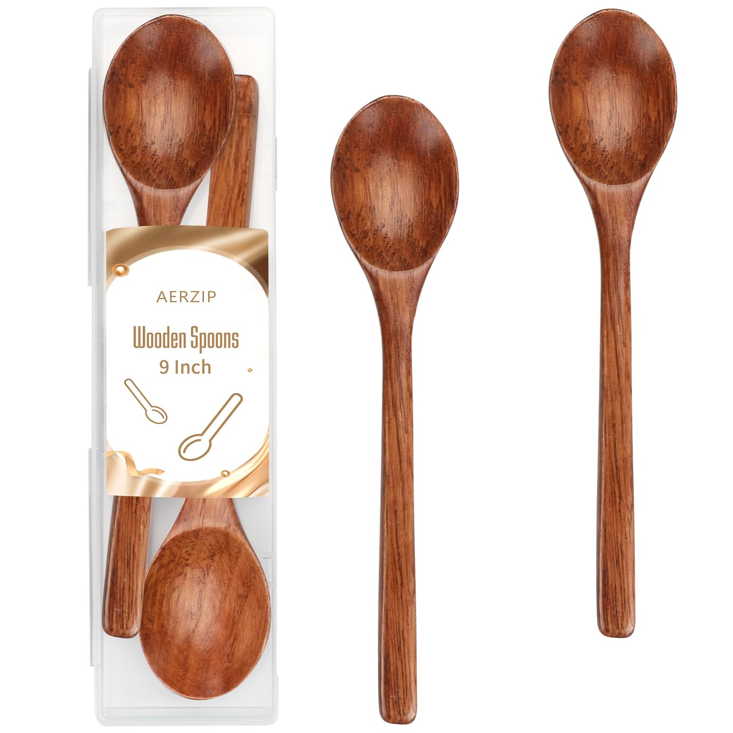 AERZIP 9 Inch Wooden Spoons for Eating Mixing Stirring Soda Jam Honey, Long Handle Wood Soup Spoons for Serving Home Kitchen Cooking Table Spoon (2 PCS)