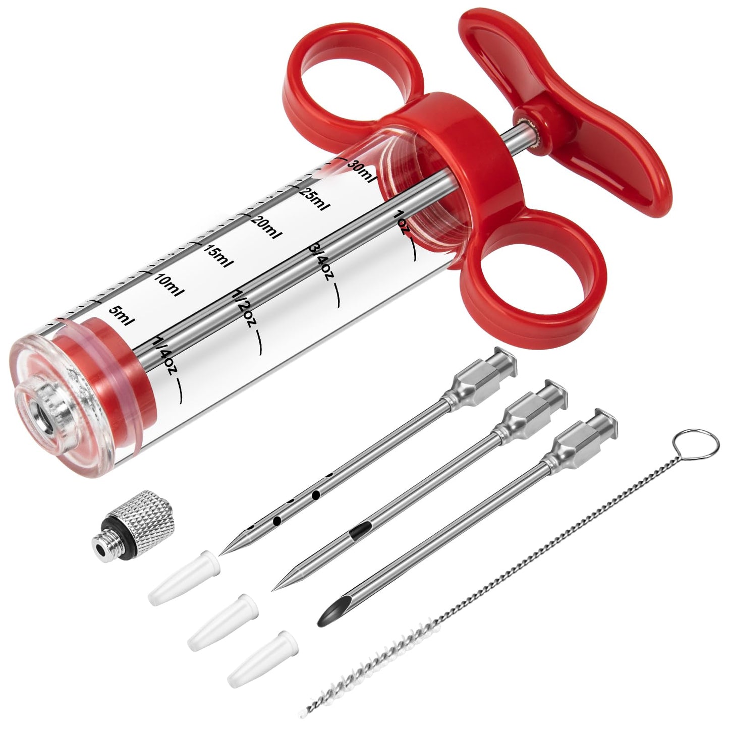 Kingsmile Meat Injector, Turkey Injector Syringe - 3 Needles for BBQ Grill, 1oz Meat Injector Syringe, Injector Marinades for Meats, Meat Injectors for Smoking 1 Cleaning Brush Easy to Use & Clean Red