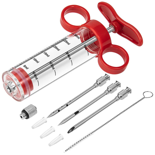 Kingsmile Meat Injector, Turkey Injector Syringe - 3 Needles for BBQ Grill, 1oz Meat Injector Syringe, Injector Marinades for Meats, Meat Injectors for Smoking 1 Cleaning Brush Easy to Use & Clean Red