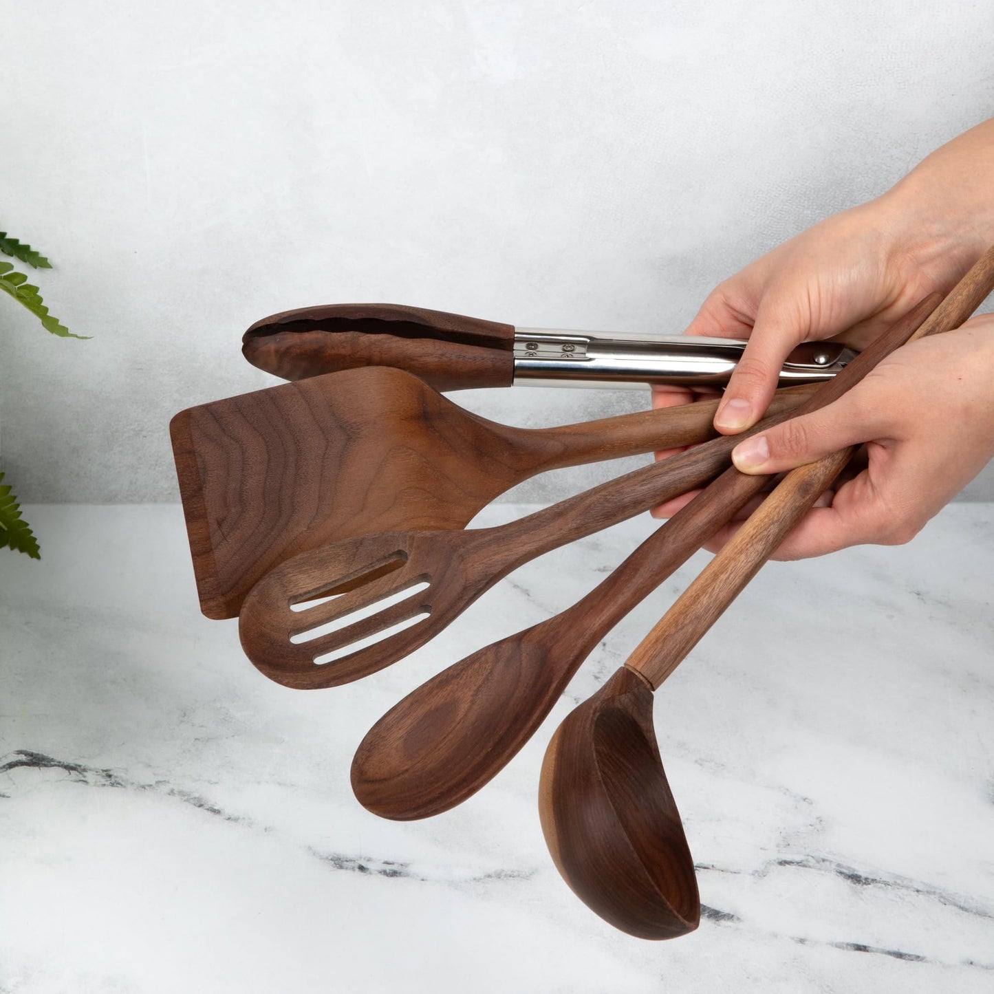 Salt & York 5-piece Walnut Wooden Kitchen Utensil Set - Includes Turner, Tongs, Slotted Spoon, Ladle, and 12" Spoon - Best Wooden Spoons for Cooking - Ideal for Nonstick Cookware
