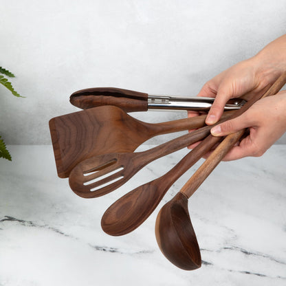 Salt & York 5-piece Walnut Wooden Kitchen Utensil Set - Includes Turner, Tongs, Slotted Spoon, Ladle, and 12" Spoon - Best Wooden Spoons for Cooking - Ideal for Nonstick Cookware