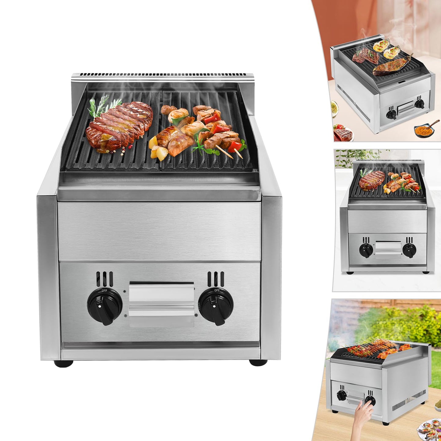 CAIHAOA Commercial Radiant Gas Grills, 14.96" x 5.91" Countertop Gas Grill, 60TU/hr Combustion Power, Dual I-type Burners Yakitori Grill Barbecue Griddle for Various Types of Barbecue