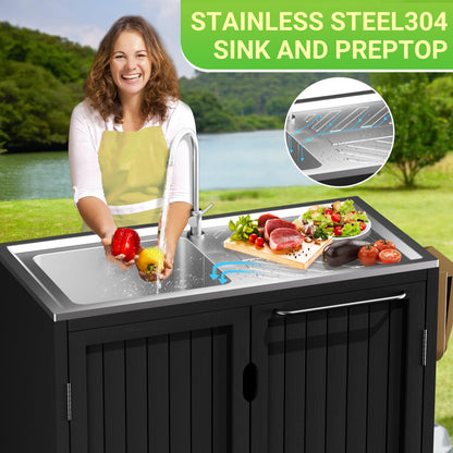 Outdoor Grill Table Kitchen Island with 304 Stainless Steel Top | Rolling Cart with Bar Sink, Faucet & Storage Cabinets | Solid Wood Mobile Prep Station for Pizza Oven & BBQ Accessories (L32.6“xW39”)