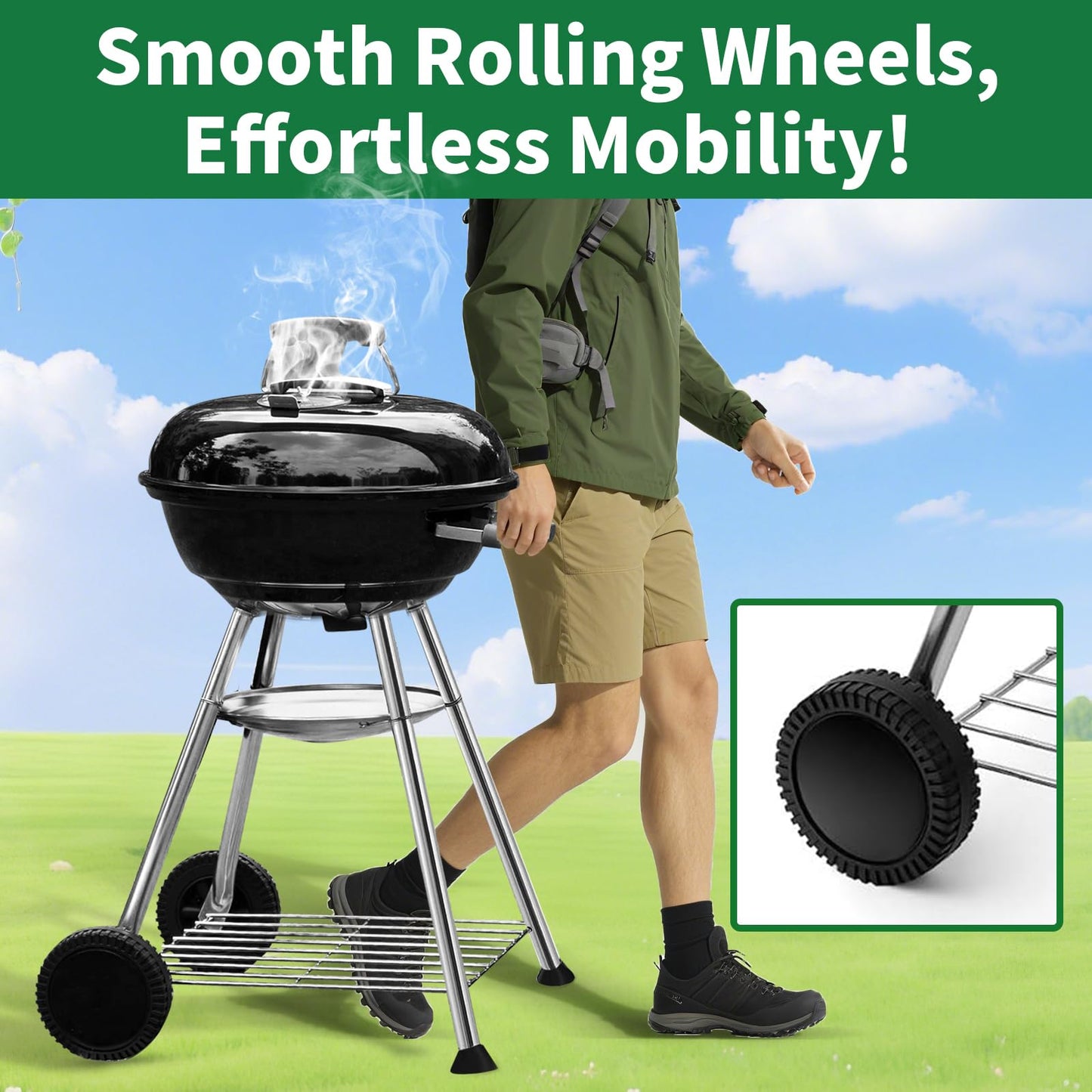 BEAU JARDIN Premium 18.1 Inch Charcoal Grill for Outdoor Cooking Barbecue Camping BBQ Coal Kettle Grill Tailgating Portable Heavy Duty Round with Thickened Grilling Bowl with Wheels BG231