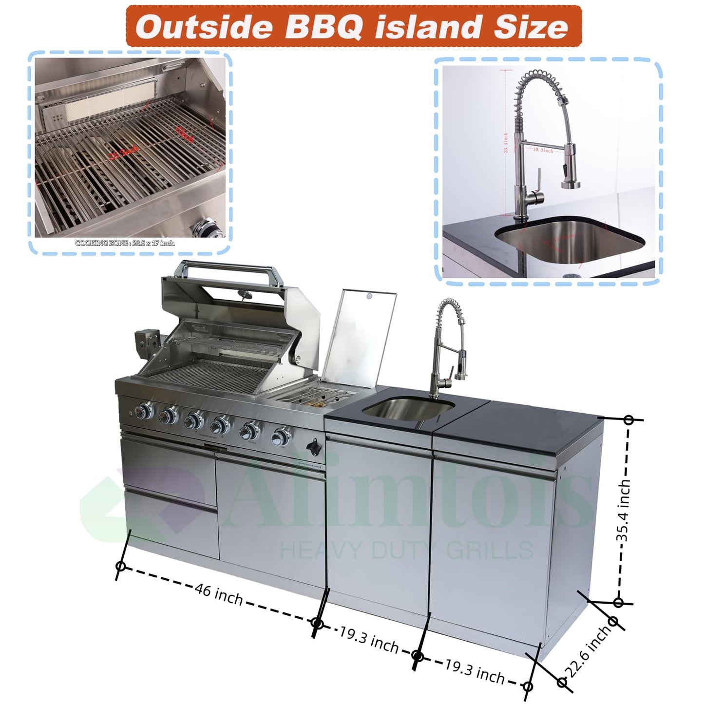 Alimtois BBQ Island Outdoor Kitchen: 84-Inch 4-Burner 72000 BTU Modular Outdoor Kitchen with Grill + Sink + Storage Cabinet & Rotisserie Kit - BBQ Grill Islands Built-in Combo