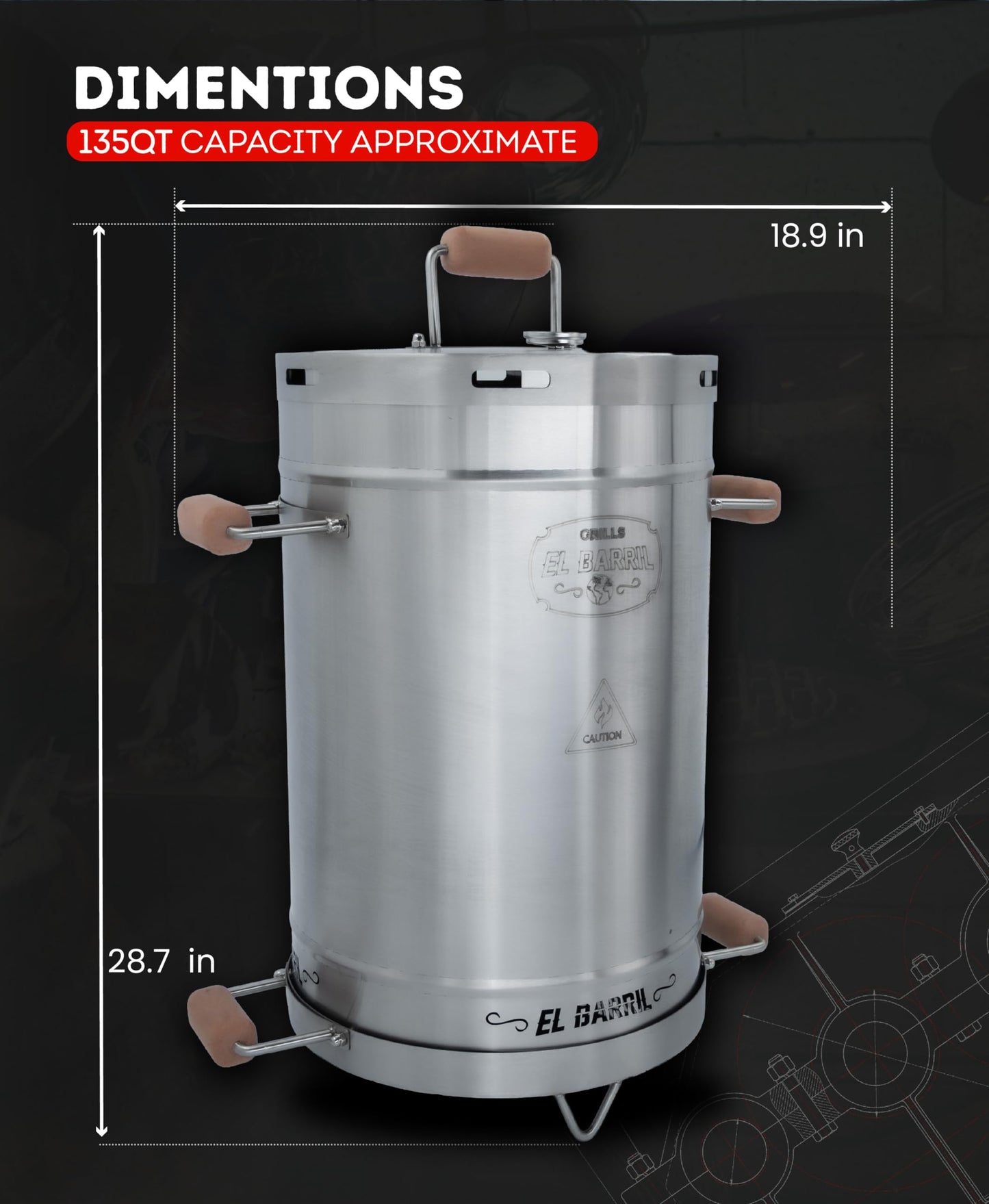 El Barril Lite Medium Barrel Smoker Grill, Stainless Steel 430, 30 lb Capacity, 12 Meat Hooks, Upper Grill and Handler, Portable Charcoal BBQ (Lite 30LBS Medium)