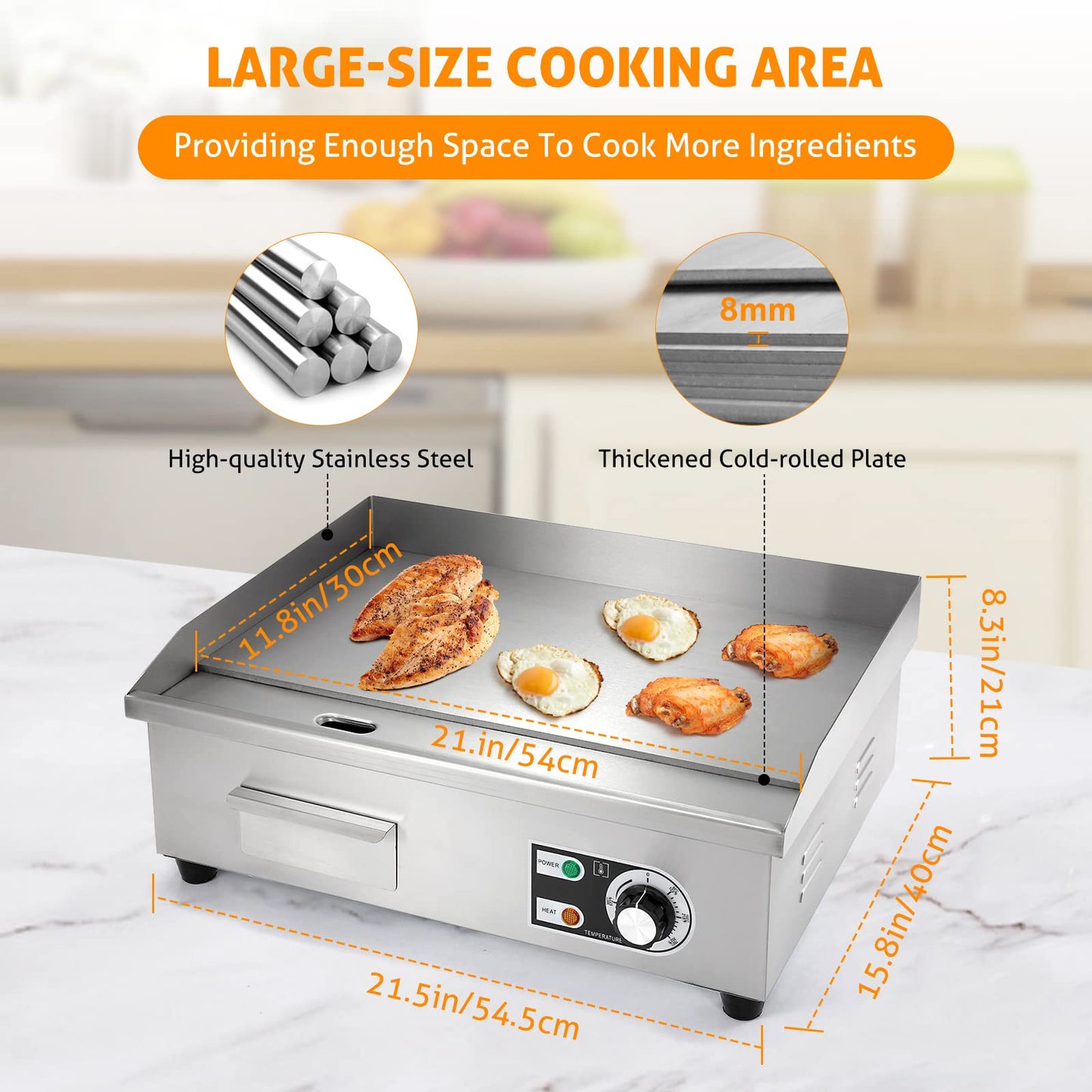 WICHEMI Commercial Electric Griddle 22" 3000W Flat Top Grill Countertop Griddle Stainless Steel Teppanyaki Grill w/Iron Cooking Plate for Restaurant Kitchen, 110V