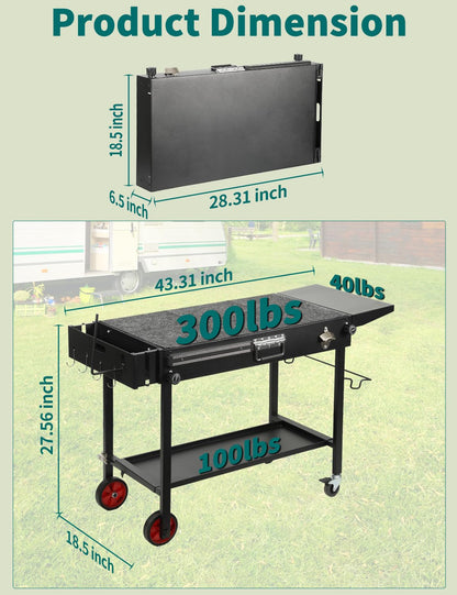 FATOK Portable Grill Cart Table with Wheels, for 17-22 Inch Blackstone Griddle Stand, Foldable BBQ Prep Station with Seasoning Tray