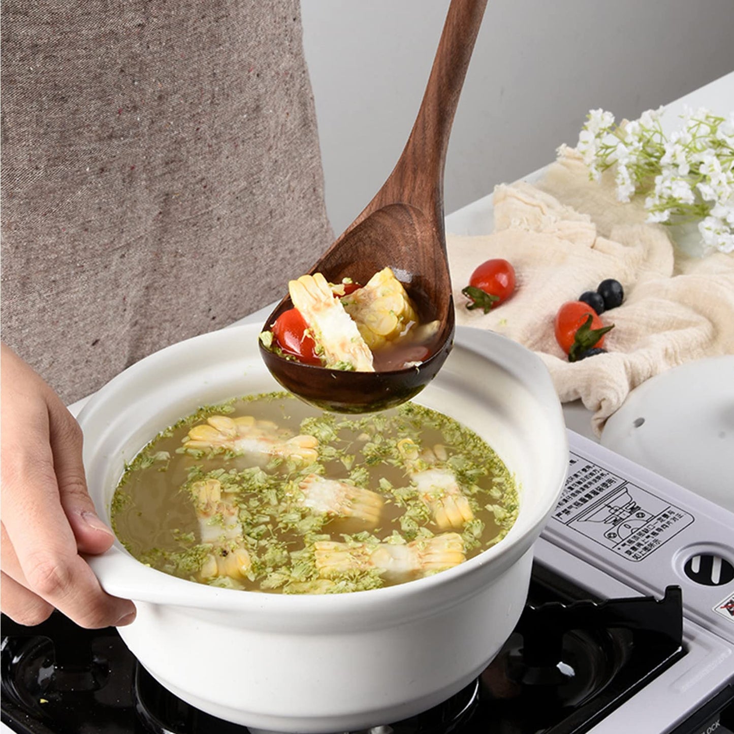 Wooden Kitchen Utensils Set for Cooking, 6 PCS Natural Black Walnut Cooking Utensils Wood Solid Spoon Slotted Spoon Spatula Slotted Spatula Spaghetti Server Set for Nonstick Cookware,6pcs