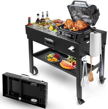 Foldable Grill Table Cart for Ninja Woodfire OG700, Blackstone Portable Griddle, Weber, Ooni Pizza Oven – Portable Outdoor BBQ Prep Stand with Caddy, Ideal for Camping and Tailgating