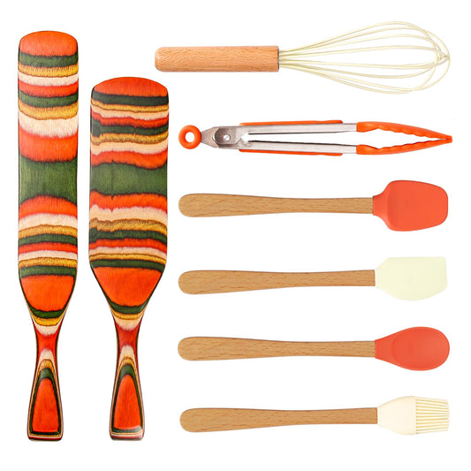 Kitchen Utensils Set,8PCS Spurtles Kitchen Tools,Pakkawood Spurtle Set,wooden Handle silicone Cooking Utensils Set,with Whisk,Brush,Tongs, Spoon Spatula,Silicone spoon