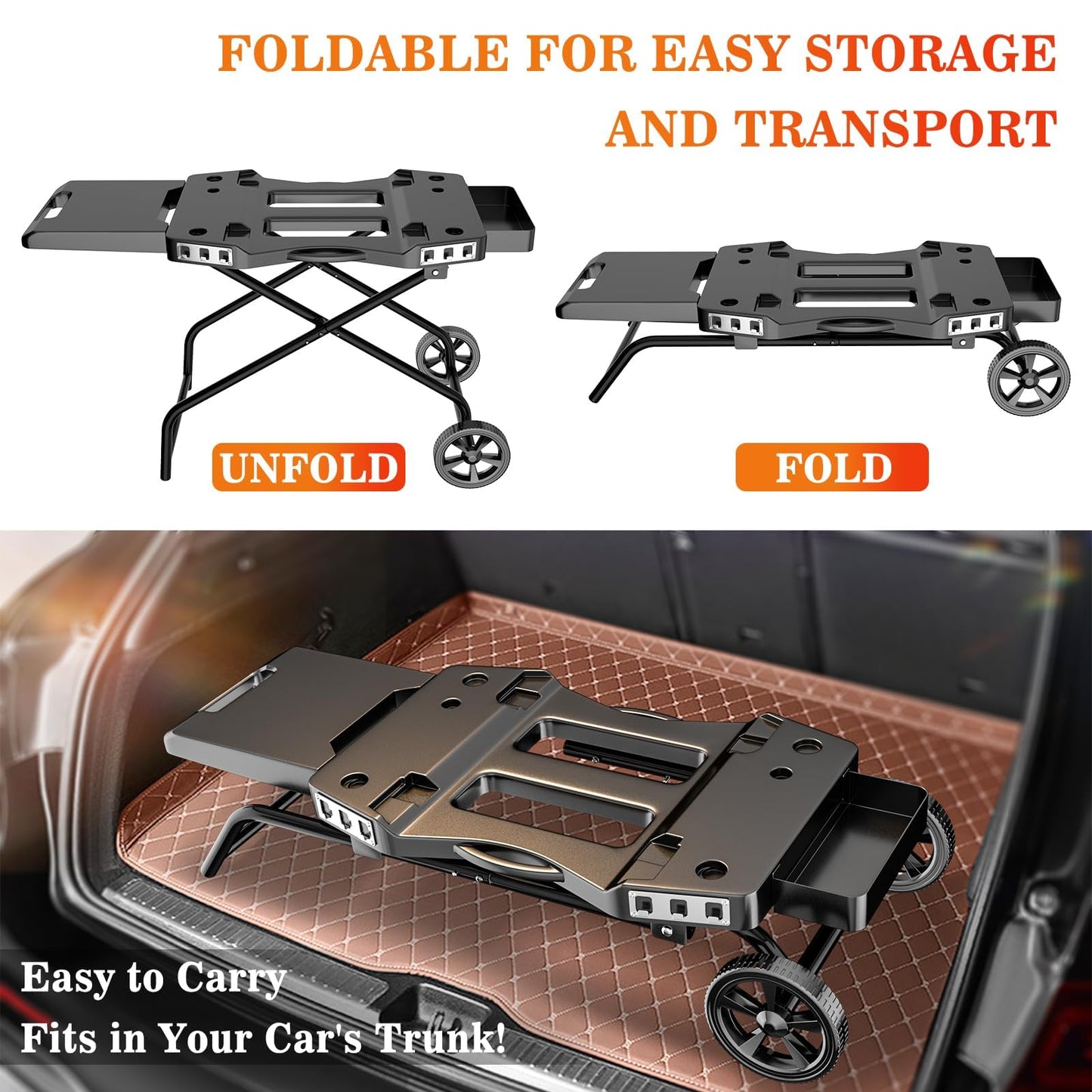 GRISUN Foldable Grill Cart for Ninja OG700–OG750 & Blackstone 22" | Portable BBQ Stand with Wheels, Side Table & Storage Basket