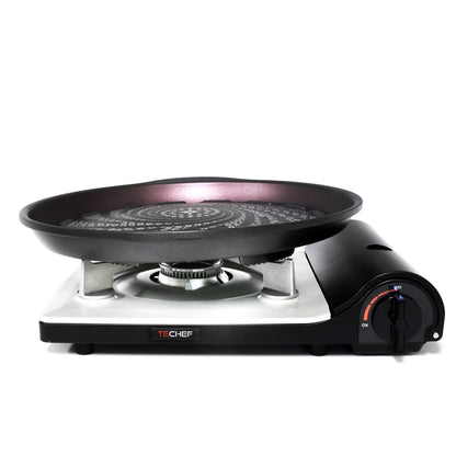 TECHEF - Stovetop Korean BBQ Non-Stick Grill Pan with Agni Portable Gas Stove Burner, Made in Korea (Grill Pan w Stove)