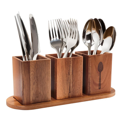 Qivine Acacia Wood Utensil Holder, Wooden Silverware Holder Countertop Utensil Organizer Silverware Organizer with Tray, Kitchen Utensil Organizers for Forks, Spoons, Knives (Acacia)