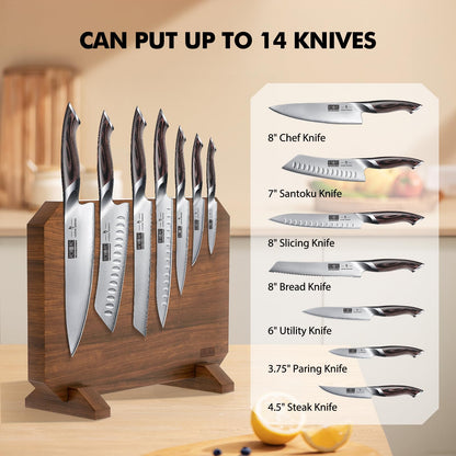 HOSHANHO Magnetic Knife Block, Thickened Acacia Wood Kitchen Knife Holder Stand with Strong Magnets, Multifunctional Double Side Knife Storage Organizer for Kitchen Counter
