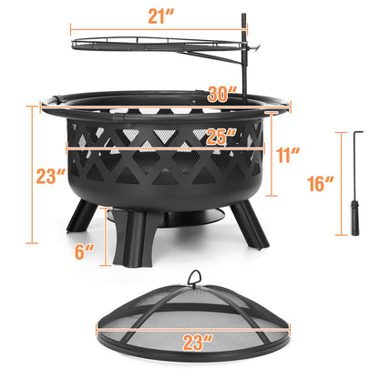 2 in 1 Fire Pit with Cooking Grate 30'' Wood Burning Firepit Outdoor Fire Pits Steel Firepit Bowl Outside with Swivel BBQ Grill, Spark Screen, Poker for Backyard Garden Bonfire Patio