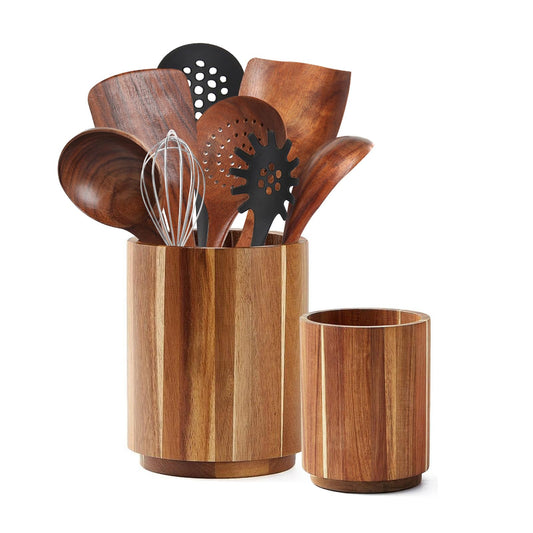 Sameme Acacia Wood Utensil Holder for Kitchen Counter, 360° Rotating 7.3"+5.7" Large Cooking Utensil Holder,Kitchen Utensil Crock for Countertop,Farmhouse Kitchen Decor,Spatula Holder Set of 2