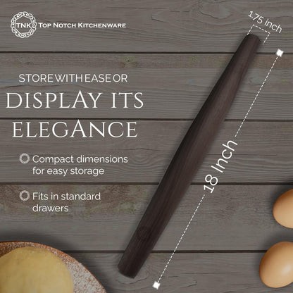 Premium Black Walnut French Style Rolling Pin - Tapered, Non-Stick, Ergonomic Design for Precision Baking, 18 Inches By Top Notch Kitchenware