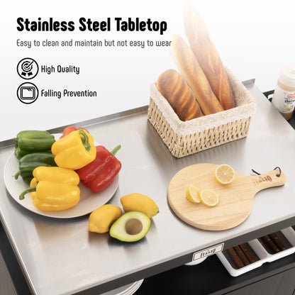 Outdoor Grill Cart with Stainless Steel Tabletop and Storage Cabinet, Movable Kitchen Island with Wheels for BBQ Food Prep, Black