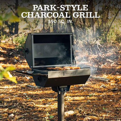 Ash & Ember Park-Style Grill/Smoker, 390 Sq. Inch Charcoal Grill with Cover, 21" x 15" Grate, Side Shelf for Food Prep & Accessories, Single Post Permanent Park-Style Grill for Outdoor Backyard BBQ