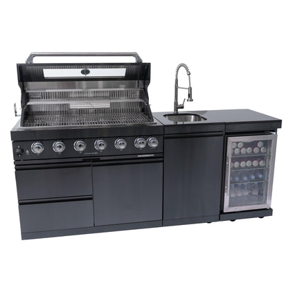 43IN 6-Burner Gas Outdoor Kitchen Island Grill with 85000 BTU Output, Rotisserie Kit, Stainless Steel Sink, Granite Countertops, Modular BBQ Wash Storage Zones, Refrigerator and Double Grill (Black)