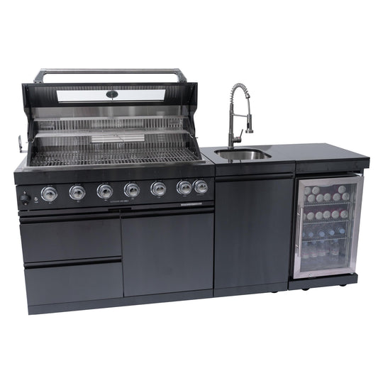 43IN 6-Burner Gas Outdoor Kitchen Island Grill with 85000 BTU Output, Rotisserie Kit, Stainless Steel Sink, Granite Countertops, Modular BBQ Wash Storage Zones, Refrigerator and Double Grill (Black)