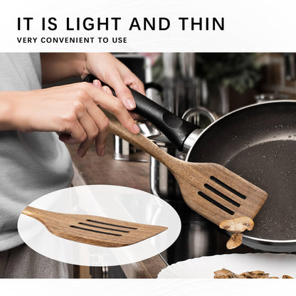 Hefild 2PCS Wooden Spatulas for Cooking, 12 inch Wood Spatulas Set with Flat Wood Spatula & Slotted Spatula – Acaciawood Cooking Utensils for Nonstick Pans – Wooden Spoons for Cooking