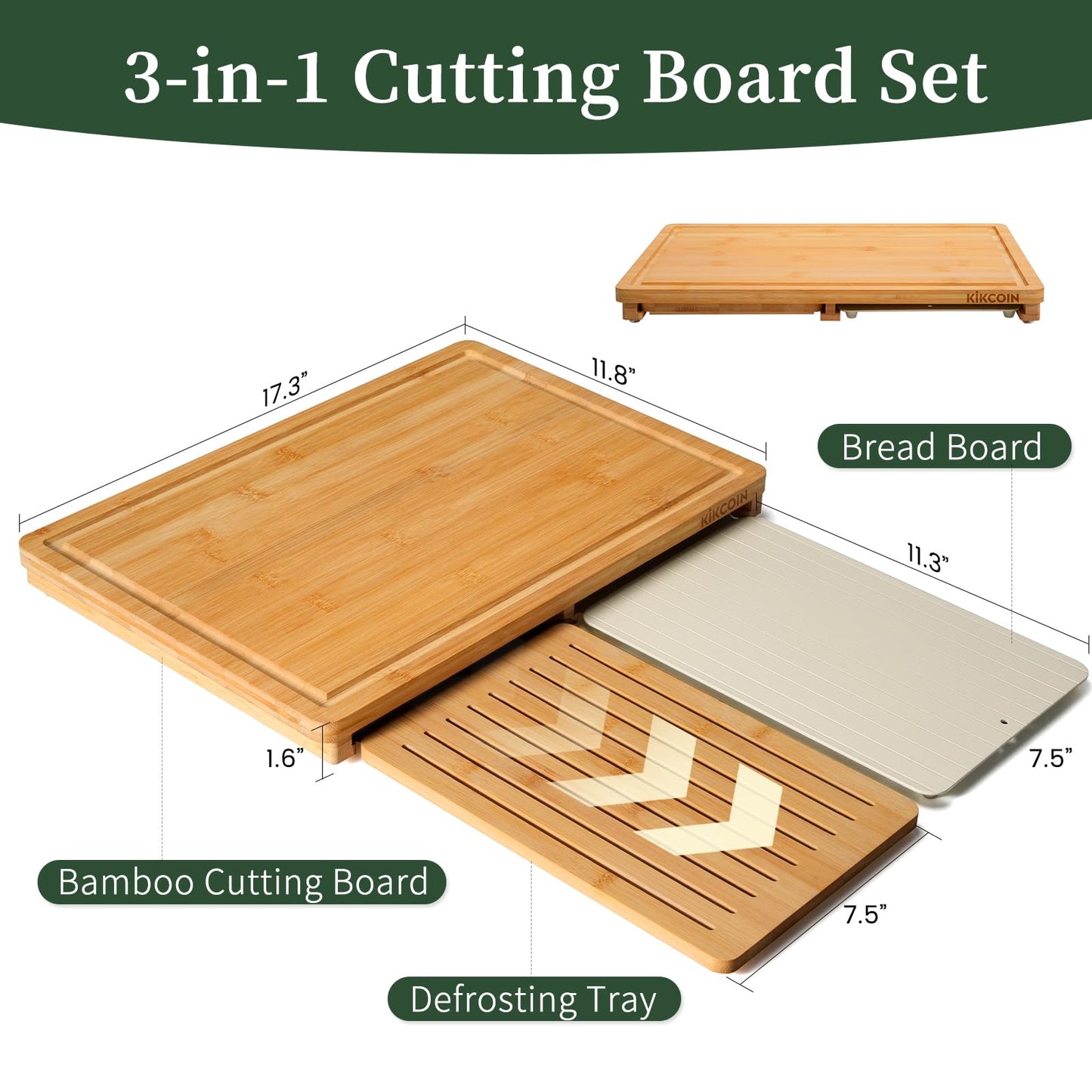 Kikcoin Bamboo Cutting Board Set with Defrosting Tray, Wood Cutting Boards for Kitchen with Deep Juice Grooves & Built-in Organizer Meal Prep Charcuterie& Chopping Board for Meat, Vegetables and Bread