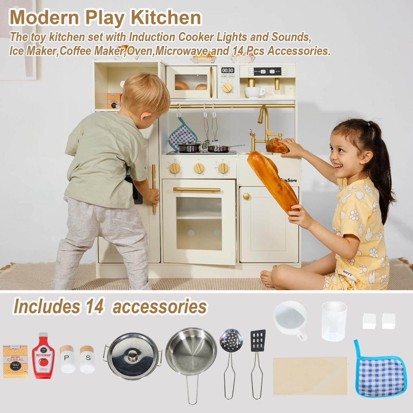 inFUNSAME Wooden Play Kitchen for Chef Pretend Kids Kitchen Playset with Real Lights & Sounds and 14 Pcs Toddler Kitchen Accessories, Toy Kitchen Set Gifts for Boys and Girls Ages 3+