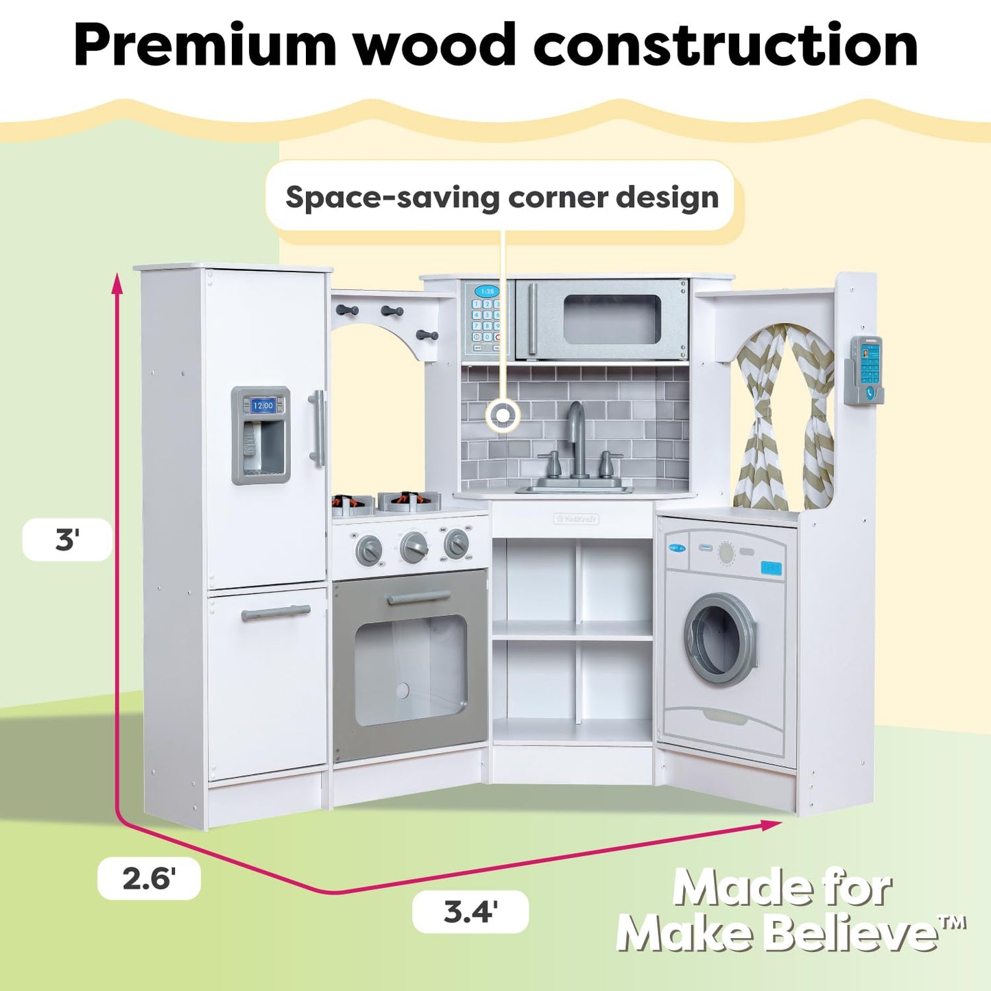KidKraft Ultimate Corner Wooden Play Kitchen with Lights & Sounds, Play Phone and Curtains, White